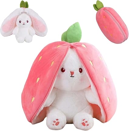 Strawberry Bunny Plush Toy – Soft Cuddly Rabbit Stuffed Animal for Girls & Kids (Pink, Zipper Decoration)